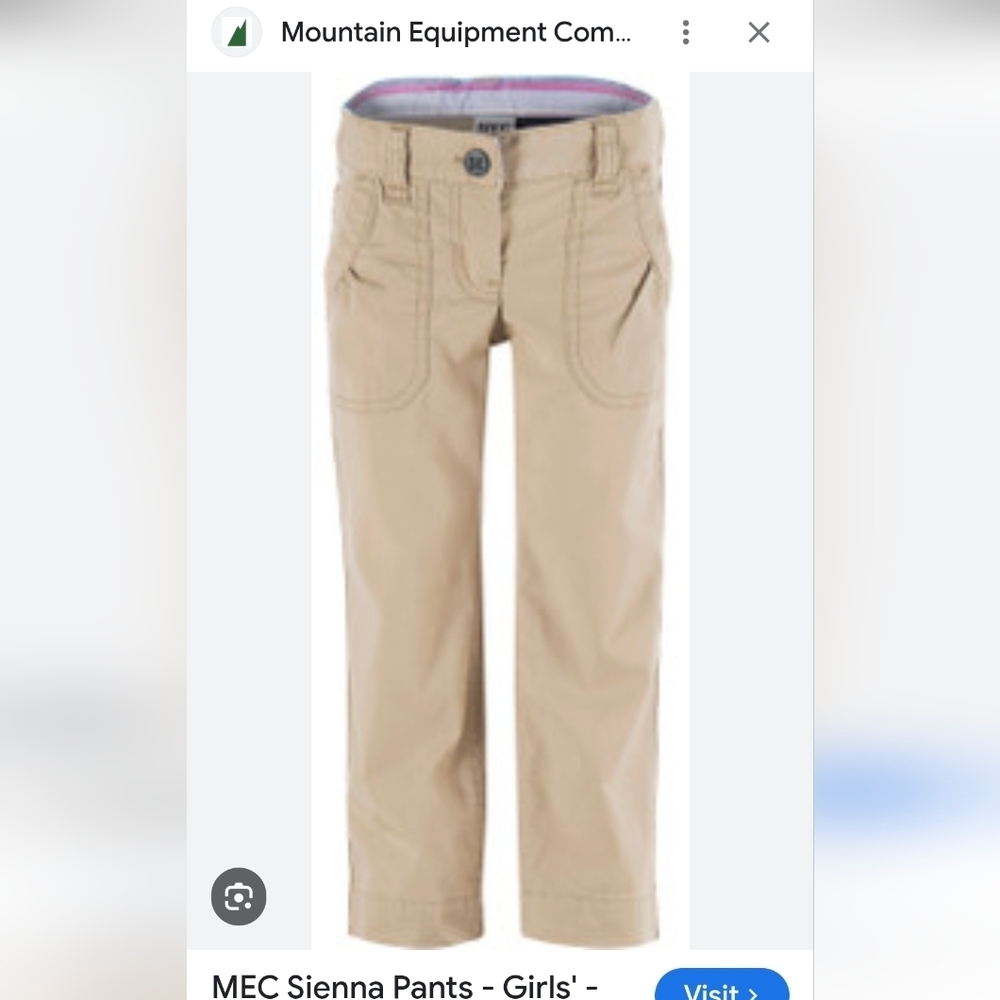 MEC Sienna Cotton Pants Tan Girls Size 10 Adjustable Waist